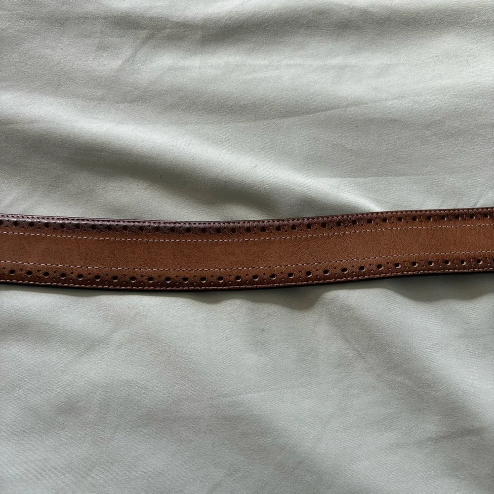 Mezlan Brown Leather Belt Brogue Perforated Patina Silver Buckle Spain